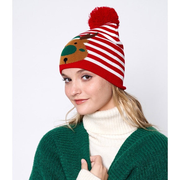 STRIPED RUDOLPH POM POM BEANIE HAT - Picture 2 of 3